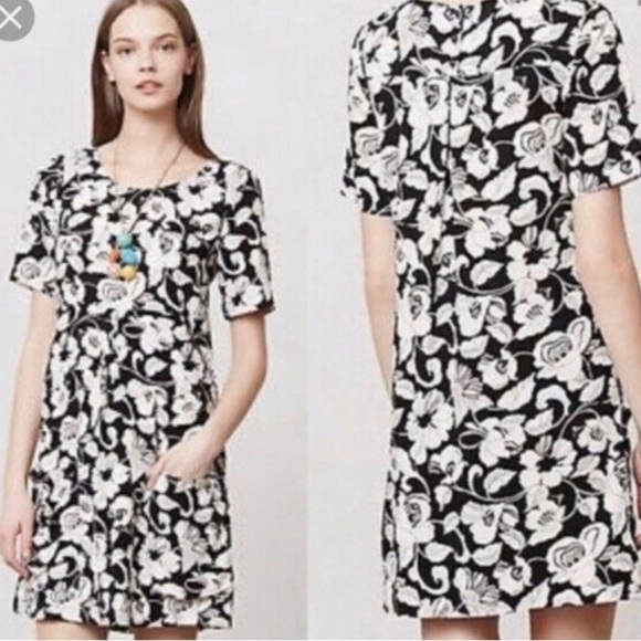 Anthropologie Maeve Black white floral print front pockets dress size 2 - Picture 2 of 12